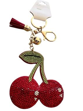 Rhinestone Cherry Tassel Keychain - Red & Green